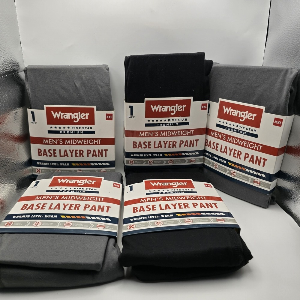 Wrangler Lot Of 5 Premium Men's Midweight Base Layer Pants XXL Black NWT